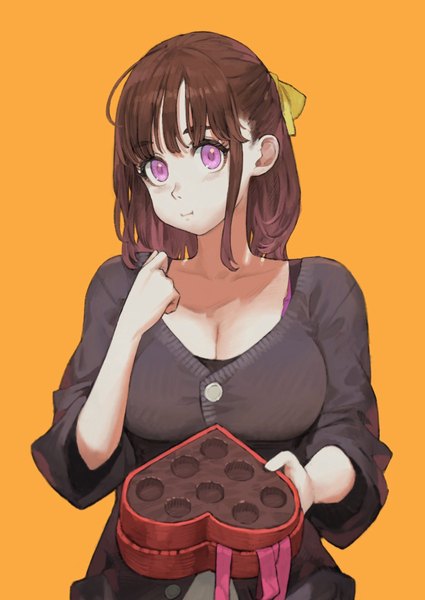Anime picture 1450x2048 with original jun (seojh1029) single long hair tall image looking at viewer breasts simple background brown hair large breasts holding pink eyes eating half updo valentine orange background girl cardigan box