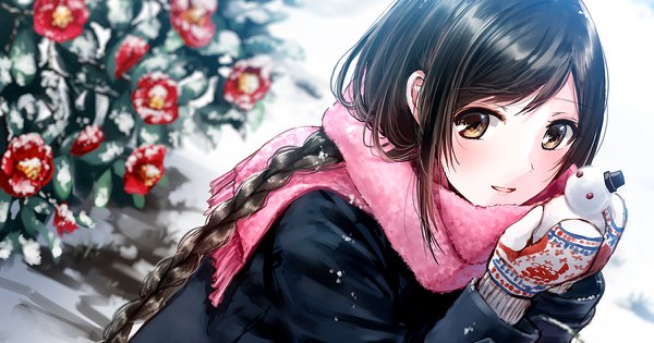 Anime picture 1200x630 with original kazuharu kina single long hair blush open mouth black hair wide image brown eyes braid (braids) girl flower (flowers) scarf mittens camellia (flower) snowman