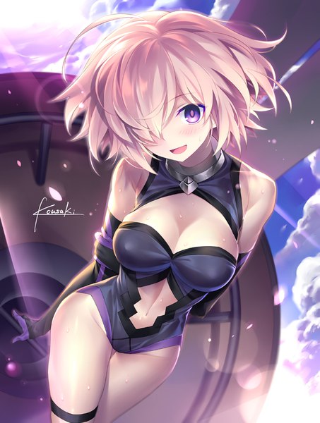 Anime picture 680x900 with fate (series) fate/grand order mash kyrielight kousaki rui single tall image looking at viewer blush fringe short hair breasts open mouth light erotic smile large breasts purple eyes bare shoulders signed pink hair sky