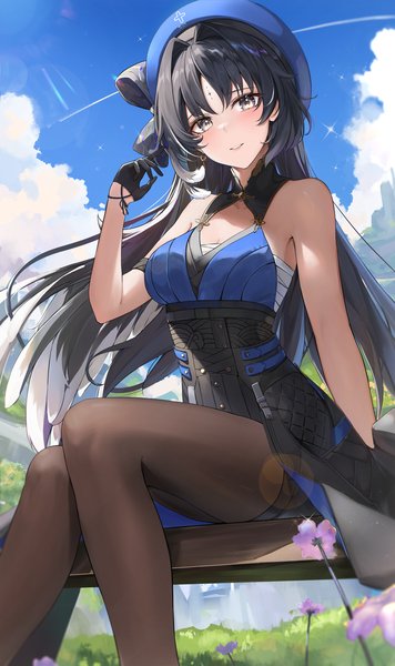 Anime picture 3433x5787 with wuthering waves yangyang (wuthering waves) aoi 13 single long hair tall image looking at viewer fringe highres breasts black hair sitting absurdres sky cloud (clouds) outdoors parted lips arm up light smile mole