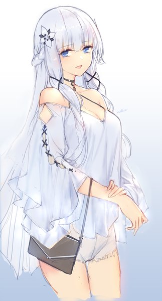 Anime picture 1034x1919 with azur lane illustrious (azur lane) swd3e2 single long hair tall image looking at viewer blush fringe breasts open mouth blue eyes simple background smile hair between eyes standing bare shoulders holding cleavage silver hair