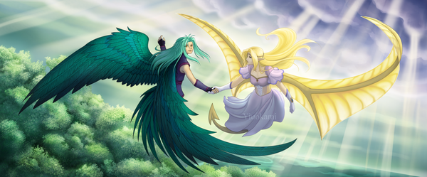 Anime picture 1280x533 with slayers j.c. staff filia ul copt valgarv (slayers) yiuokami long hair blonde hair wide image signed yellow eyes cloud (clouds) tail profile pointy ears sunlight aqua hair holding hands flying sunbeam dragon tail