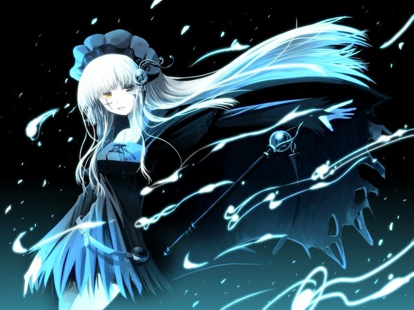 Anime picture 1024x768 with original hiiro (kikokico) single long hair fringe white hair blunt bangs heterochromia floating hair girl dress hair ornament belt staff splashes