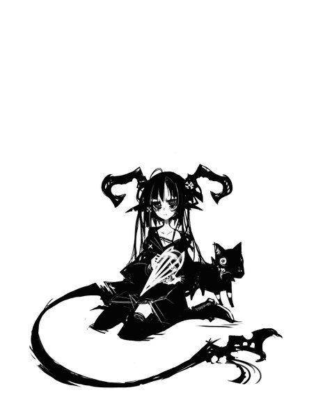Anime picture 1193x1500 with original kiku (kicdoc) single tall image simple background white background horn (horns) pointy ears monochrome demon tail girl animal dog