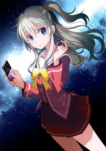 Anime picture 595x842 with charlotte p.a. works tomori nao kashi-k single long hair tall image looking at viewer fringe standing silver hair pleated skirt night shadow two side up night sky hand on headphones milky way girl skirt