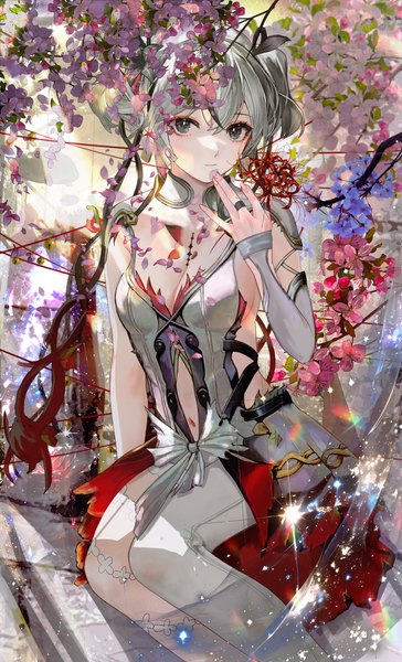 Anime-Bild 3048x5030 mit wuthering waves camellya (wuthering waves) c1718259 single tall image looking at viewer fringe highres short hair breasts hair between eyes sitting twintails absurdres cleavage aqua eyes grey hair cherry blossoms short twintails girl