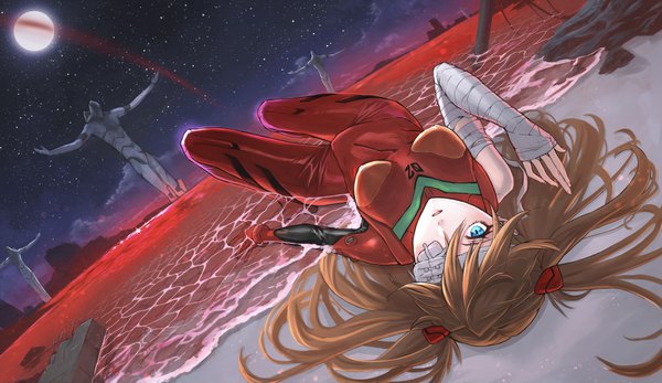 Anime picture 2500x1447 with neon genesis evangelion end of evangelion gainax soryu asuka langley mass production eva acchom zatta single long hair looking at viewer highres blue eyes brown hair wide image lying on back partially submerged upside down bandage over one eye girl moon
