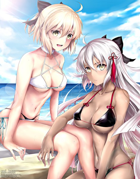 Anime picture 1375x1750 with fate (series) fate/grand order koha-ace okita souji (fate) (all) okita souji (koha-ace) okita souji alter (fate) rei kun tall image looking at viewer blush fringe short hair breasts open mouth light erotic blonde hair hair between eyes large breasts sitting bare shoulders