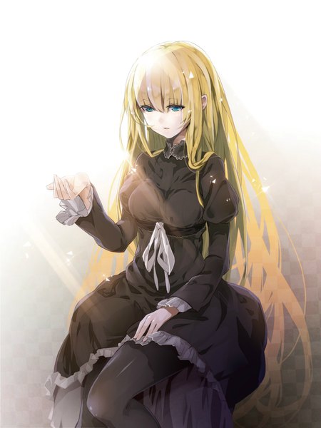 Anime picture 1298x1729 with original yuugen single long hair tall image fringe breasts blue eyes simple background blonde hair hair between eyes sitting looking away long sleeves very long hair parted lips sunlight arms up pale skin girl