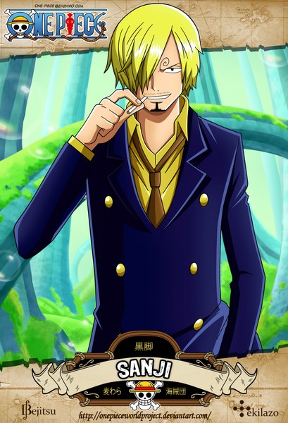 Anime picture 1537x2252 with one piece toei animation one piece world project sanji bejitsu tekilazo300 single tall image short hair blonde hair smile black eyes inscription character names hand in pocket smoking smirk boy shirt necktie