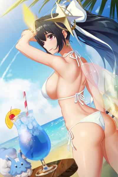Anime picture 3600x5400 with epic seven daekoo single long hair tall image blush fringe highres breasts light erotic black hair smile hair between eyes red eyes large breasts standing payot looking away absurdres sky