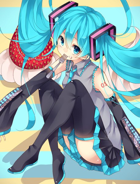 Anime picture 764x1000 with vocaloid hatsune miku nuira single long hair tall image looking at viewer twintails aqua eyes from above aqua hair girl detached sleeves food boots thigh boots berry (berries) strawberry fork
