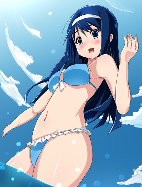 Anime picture 1000x1315 with vividred operation futaba aoi (vividred operation) long hair tall image blush open mouth blue eyes light erotic blue hair cloud (clouds) girl swimsuit bikini hairband