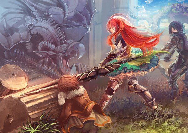 Anime picture 1240x877 with original ta-to (sprout) long hair fringe short hair red eyes holding sky multicolored hair multiple boys orange eyes group fighting stance broken girl dress boy weapon plant (plants) tree (trees)