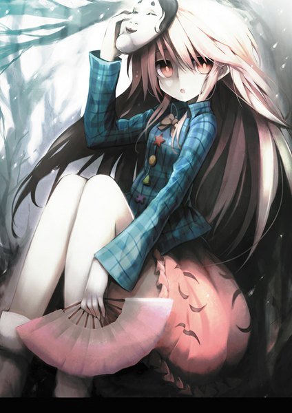 Anime picture 707x1000 with touhou hata no kokoro zen33n single long hair tall image open mouth sitting looking away pink hair pink eyes mask on head girl plant (plants) tree (trees) mask fan