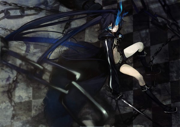 Anime picture 4092x2893 with black rock shooter black rock shooter (character) shirabi single long hair highres blue eyes black hair twintails absurdres very long hair glowing flat chest glowing eye (eyes) checkered background girl thighhighs sword shorts chain