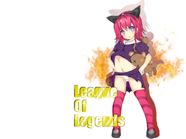 Anime-Bild 1920x1440 mit league of legends annie (league of legends) tibbers (league of legends) garota single looking at viewer blush fringe highres short hair light erotic simple background white background purple eyes animal ears red hair :o fake animal ears girl thighhighs
