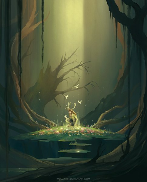 Anime picture 808x1000 with original megatruh long hair tall image brown hair signed horn (horns) kneeling light bare tree boy flower (flowers) plant (plants) animal tree (trees) bird (birds) forest