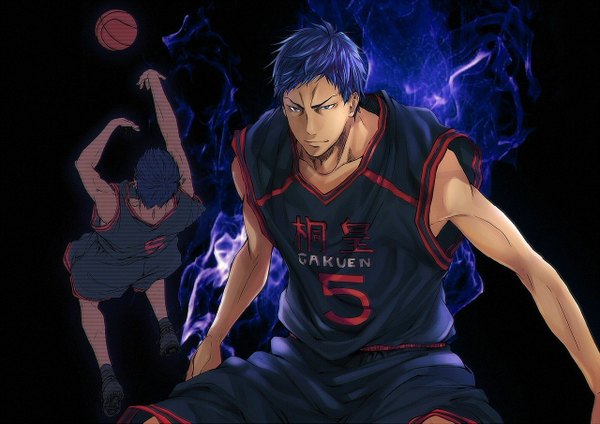 Anime picture 1280x905 with kuroko no basket production i.g aomine daiki tousaku single short hair blue eyes smile bare shoulders blue hair inscription arms up dark skin glowing dark background spread arms flying muscle glow smirk