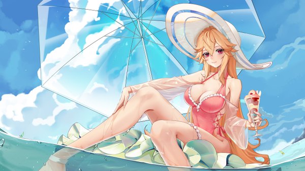 Anime picture 5333x3000 with azur lane richelieu (azur lane) richelieu (fleuron of the waves) (azur lane) haimian-v- single long hair looking at viewer blush fringe highres breasts light erotic blonde hair smile hair between eyes wide image large breasts sitting bare shoulders holding
