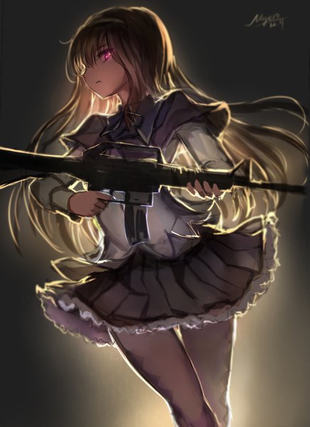 Anime picture 1476x2031 with mahou shoujo madoka magica shaft (studio) akemi homura myero (artist) single long hair tall image looking at viewer fringe black hair standing holding signed pleated skirt pink eyes glowing glowing eye (eyes) girl skirt weapon