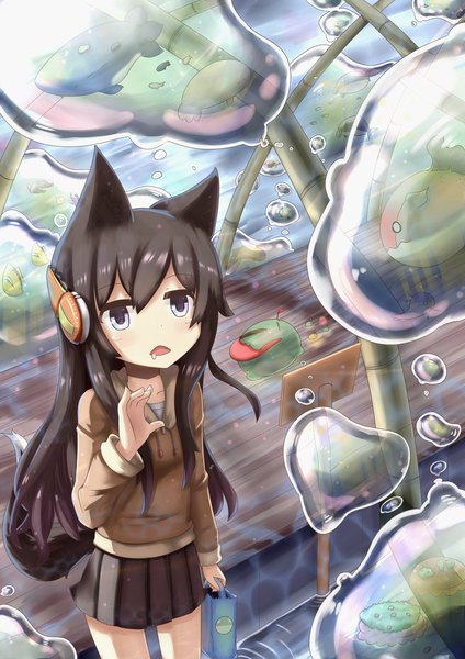 Anime picture 2480x3507 with original hinbackc single long hair tall image fringe highres open mouth black hair hair between eyes standing holding animal ears looking away tail animal tail pleated skirt fox ears fox tail fox girl