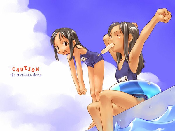 Anime picture 1024x768 with black hair brown eyes one eye closed wink tan swimsuit one-piece swimsuit child (children) school swimsuit swim ring pool popsicle