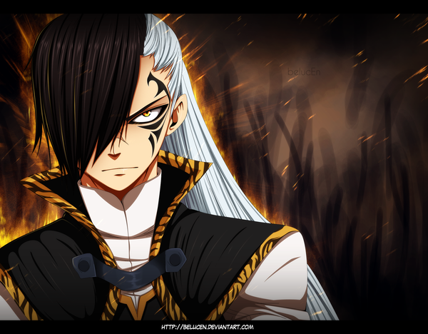 Anime picture 1223x954 with fairy tail rogue cheney belucen single long hair fringe yellow eyes white hair hair over one eye tattoo coloring facial mark scar boy cloak fire