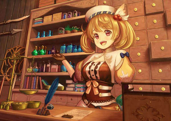 Anime picture 4000x2828 with king's raid may (king's raid) alba (little witches) single looking at viewer blush fringe highres short hair open mouth blonde hair smile red eyes standing absurdres indoors blunt bangs :d puffy sleeves girl