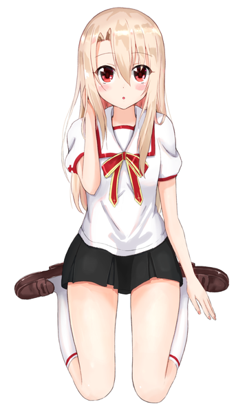 Anime picture 1000x1670 with fate (series) fate/kaleid liner prisma illya illyasviel von einzbern akagikoku single long hair tall image looking at viewer blush fringe open mouth simple background blonde hair hair between eyes red eyes white background sitting full body pleated skirt :o