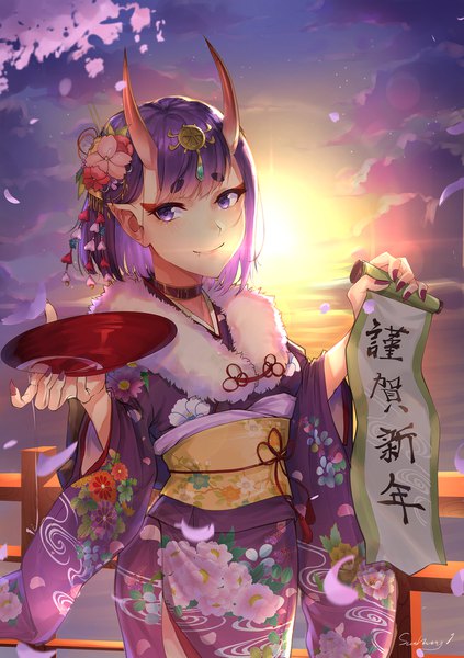 Anime picture 1561x2213 with fate (series) fate/grand order shuten douji (fate) kaer sasi dianxia single tall image looking at viewer short hair smile purple eyes purple hair nail polish traditional clothes japanese clothes horn (horns) pointy ears fang (fangs) eyebrows new year oni horns