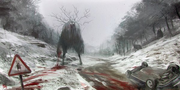Anime picture 1264x632 with original nacho yague long hair looking at viewer wide image standing outdoors white hair horn (horns) winter snow no people plant (plants) tree (trees) blood ground vehicle forest monster car road