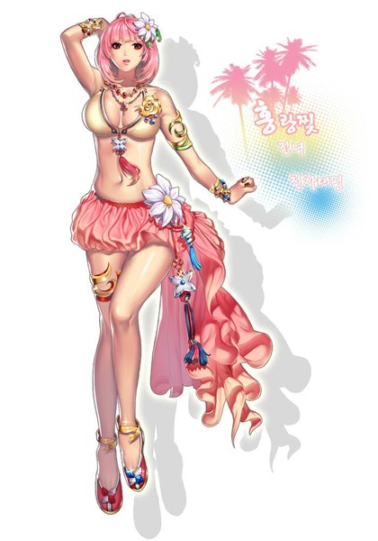 Anime picture 700x1000 with blade & soul tagme (character) tagme (artist) single tall image short hair breasts red eyes large breasts pink hair hair flower girl skirt navel hair ornament flower (flowers) shoes bracelet ring