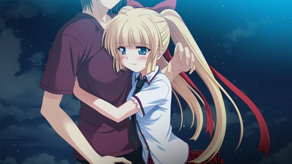 Anime picture 1024x576 with owaru sekai to birthday blue eyes blonde hair wide image twintails game cg loli couple hug head out of frame girl boy necktie