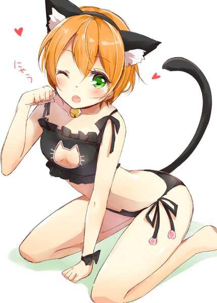Anime picture 1000x1399 with love live! school idol project sunrise (studio) love live! hoshizora rin hazuki natsu single tall image looking at viewer blush fringe short hair breasts open mouth light erotic simple background hair between eyes white background sitting green eyes animal ears