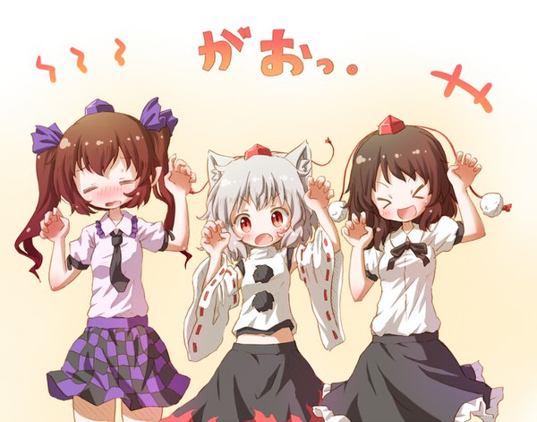 Anime picture 1374x1079 with touhou shameimaru aya inubashiri momiji himekaidou hatate arinu long hair looking at viewer blush short hair open mouth simple background smile red eyes brown hair twintails multiple girls animal ears silver hair eyes closed :d