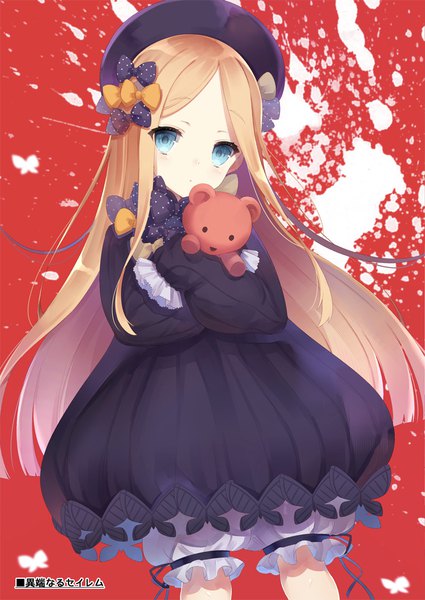 Anime picture 800x1129 with fate (series) fate/grand order abigail williams (fate) yuzu-aki single long hair tall image looking at viewer blue eyes blonde hair standing long sleeves red background girl dress hat black dress toy stuffed animal stuffed toy