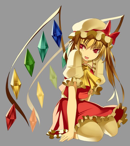 Anime picture 886x994 with touhou flandre scarlet kureha (ironika) single long hair tall image fringe simple background blonde hair red eyes sitting looking away grey background puffy sleeves one side up :p girl thighhighs white thighhighs wings