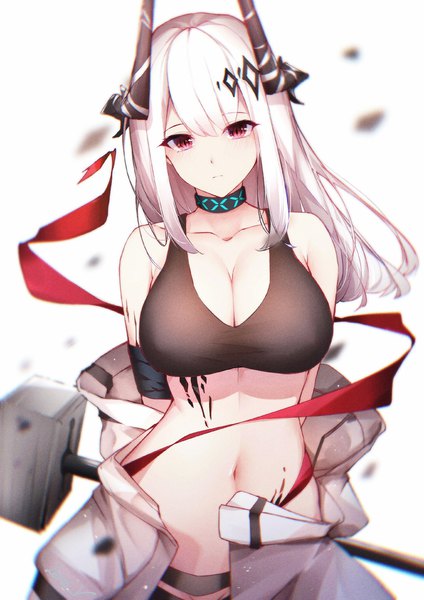 Anime picture 1500x2121 with arknights mudrock (arknights) leria v single long hair tall image looking at viewer fringe breasts light erotic simple background hair between eyes red eyes large breasts standing white background bare shoulders payot white hair head tilt