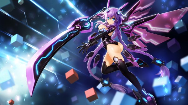 Anime picture 1920x1080 with choujigen game neptune neptune (choujigen game neptune) purple heart zhuore zhi hen single long hair highres breasts blue eyes light erotic wide image purple hair ass braid (braids) girl thighhighs gloves weapon black thighhighs sword