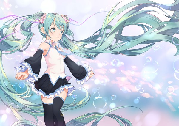 Anime picture 3541x2508 with vocaloid hatsune miku ume (plumblossom) single blush highres twintails looking away absurdres very long hair aqua eyes light smile aqua hair zettai ryouiki spread arms girl thighhighs ribbon (ribbons) black thighhighs hair ribbon