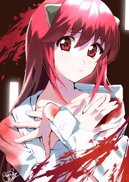 Anime picture 1721x2435 with elfen lied arms corporation lucy inushima single long hair tall image looking at viewer fringe highres hair between eyes red eyes signed pink hair upper body long sleeves horn (horns) pale skin bloody clothes girl