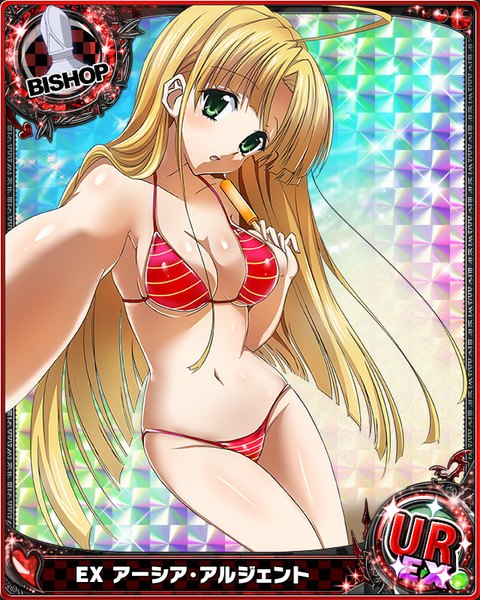 Anime picture 640x800 with highschool dxd asia argento single long hair tall image looking at viewer blush breasts open mouth light erotic blonde hair green eyes card (medium) girl navel swimsuit bikini