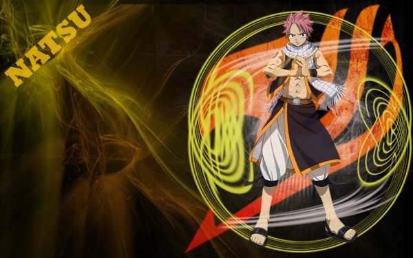Anime picture 1280x800 with fairy tail natsu dragneel single short hair simple background wide image pink hair black eyes inscription tattoo sleeveless muscle boy scarf
