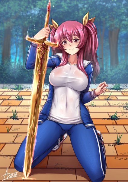 Anime picture 1240x1754 with rakudai kishi no cavalry stella vermillion adsouto single long hair tall image looking at viewer blush fringe breasts light erotic smile hair between eyes large breasts holding signed payot pink hair full body bent knee (knees)