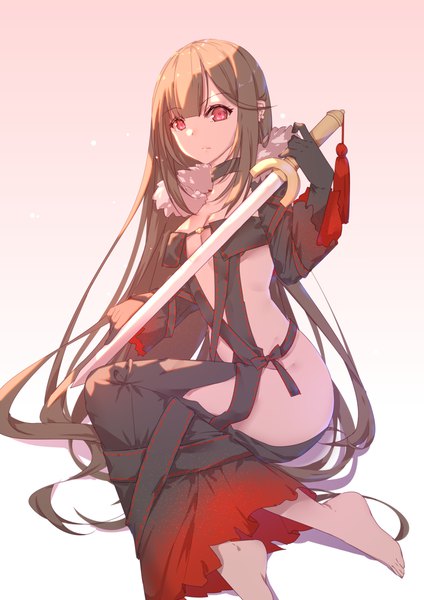Anime picture 868x1228 with fate (series) fate/grand order yu mei-ren (fate) mo_ single long hair tall image looking at viewer fringe breasts light erotic simple background red eyes brown hair sitting holding payot blunt bangs barefoot shadow