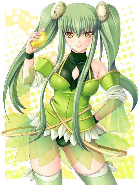 Anime picture 900x1200 with code geass original sunrise (studio) c.c. lemon c.c. c.c. lemon (character) hayami kyuuen single long hair tall image looking at viewer blush fringe twintails bare shoulders yellow eyes green hair hand on hip girl dress