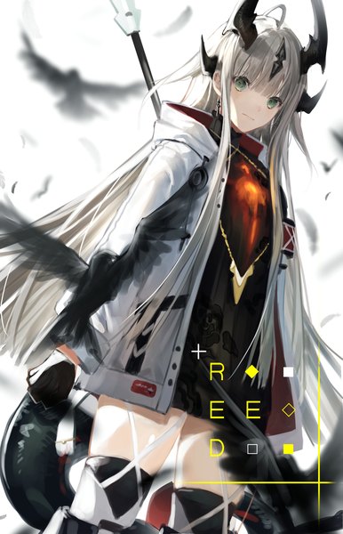 Anime picture 2480x3850 with arknights reed (arknights) hatachi8p single long hair tall image fringe highres green eyes silver hair ahoge blunt bangs horn (horns) open jacket character names expressionless girl thighhighs animal jacket