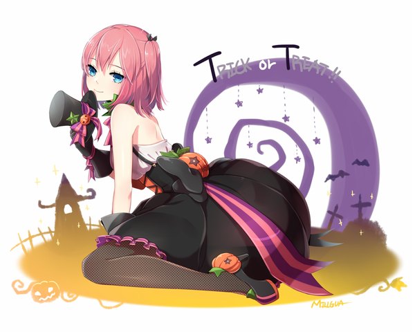 Anime-Bild 1000x800 mit closers seulbi lee millgua single looking at viewer short hair blue eyes pink hair light smile one side up halloween trick or treat girl dress gloves hat halloween costume