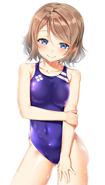 Anime picture 2120x3752 with love live! sunshine!! sunrise (studio) love live! watanabe you hachinatsu single tall image blush highres short hair blue eyes light erotic simple background smile brown hair white background wet covered navel holding arm girl